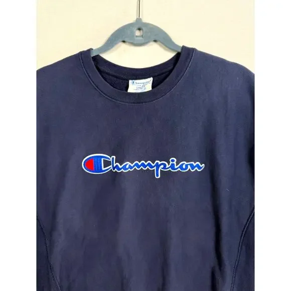 Champion Sweatshirt Men Large Navy Reverse Weave Long Sleeve Crew Neck Pullover - Picture 3 of 8